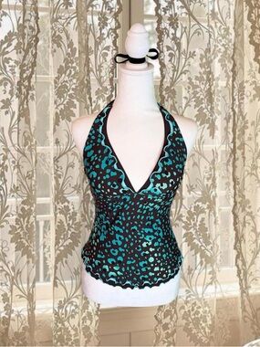 Vintage Y2K Brown & Blue Leopard Print Halter Top with Ruffle Trim
